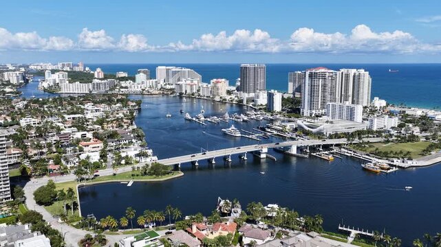 Fort Lauderdale Skyline In Fort Lauderdale Florida United States. Breathtaking Aerial View Of A Lush Tropical Coastline Scenery. Business Sky Background Downtown Cityscape.
