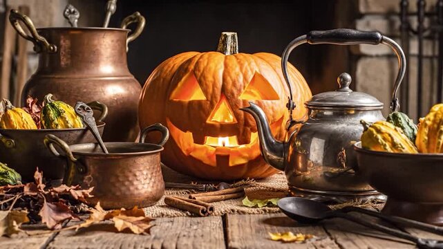 Cozy autumn scene glowing jack-o'-lantern, gourds, copperware, and teapot on rustic wood