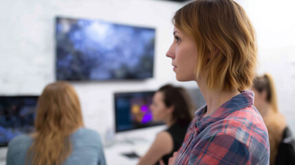 Female game designer creative studio modern office computer screen focused expression casual clothing team collaboration