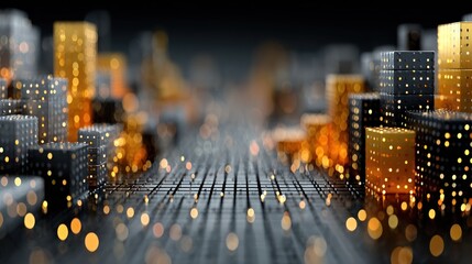 Abstract, futuristic city with illuminated buildings. Lights blur in the foreground, creating depth