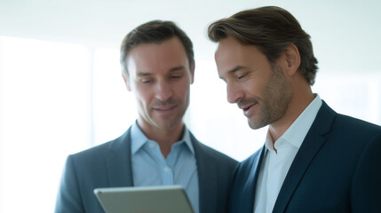 Businessman colleague tablet office meeting teamwork discussion strategy smiling focus