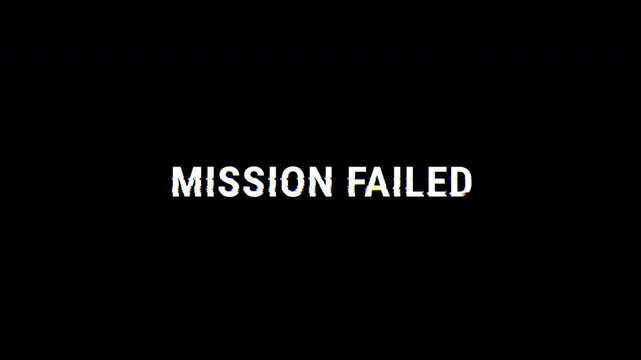 mission failed text looped animation with glitch effect, Animation retro game defeat screen. 4K video.