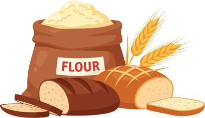 Freshly baked bread and flour in a rustic sack, representing wholesome ingredients and artisanal baking.
