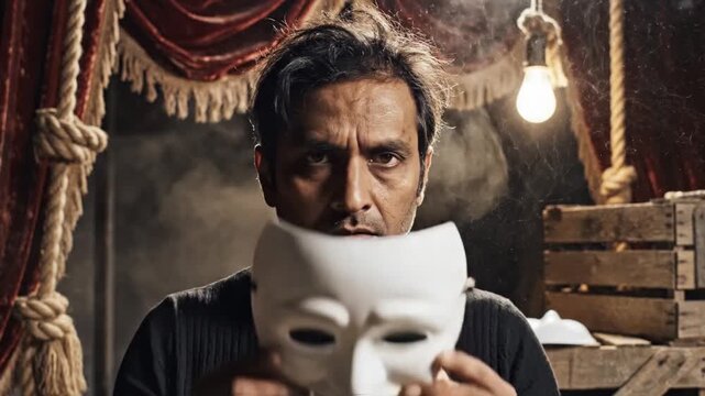 Man Removes Mask Revealing Sadness Behind Happy Facade.