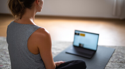 Woman yoga mat laptop, online meditation calm home workout, mindful lifestyle concept