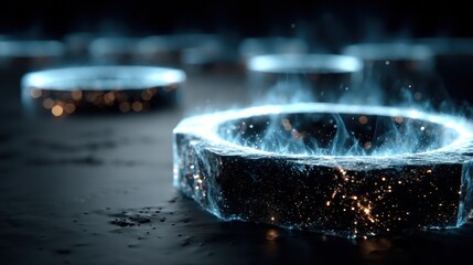 Glowing hexagonal rings, shimmering with energy, emerge from a dark textured surface