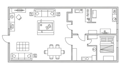Detailed floor plan of a modern house with labeled rooms and furniture, illustrating the architectural layout and design
