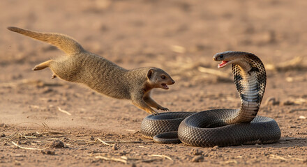 Fototapeta premium Mongoose charges at cobra in swift encounter during sunny day in the wild