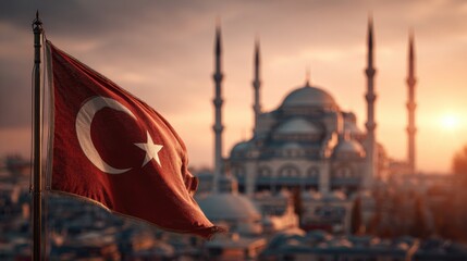 Fototapeta premium Beautiful sunset view of a Turkish flag with a historic mosque in the background in Istanbul