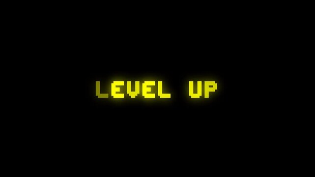 Level Up Text Animation with Yellow Glow on Black Background, Retro Arcade Progress Screen