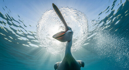 Pelican's head breaks the surface of water, creating a splash crown at midday