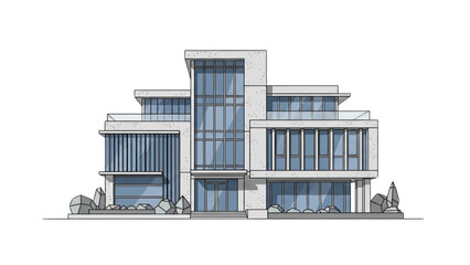 Modern multi-story building illustration with sleek design and blue windows