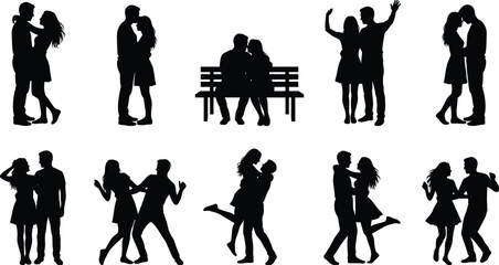 Romantic couple silhouettes dancing hugging kissing sitting on bench love relationship gestures isolated black figures on white background illustration collection