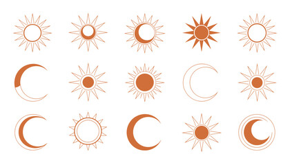 Collection of stylized sun and crescent moon in orange on a white background symbol celestial