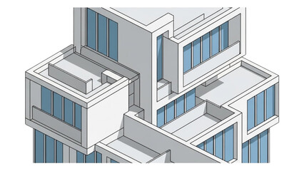 Modern multi-story building with sleek design and blue windows viewed from above
