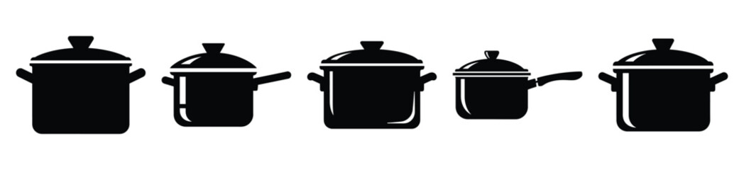 Collection of  saucepan with lid silhouette icon set. cooking vector icons illustration