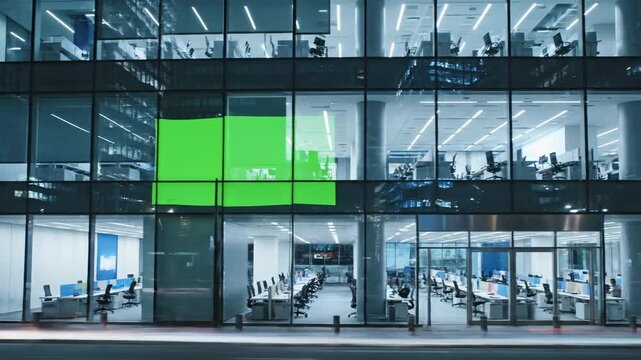 Modern glass office building interior with open plan views.