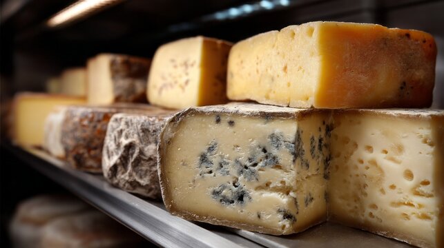 A vibrant display features various artisan cheeses, showcasing textures and colors. Each piece tells a story of craftsmanship and tradition found within a charming cheese shop - Powered by Adobe