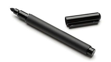 Sleek black marker pen with its cap off, poised for creative expression, important annotations, or everyday writing tasks on a clean white studio background