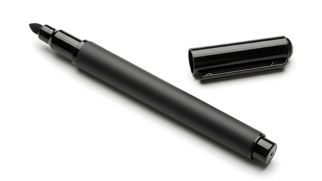 Sleek black marker pen with its cap off, poised for creative expression, important annotations, or everyday writing tasks on a clean white studio background
