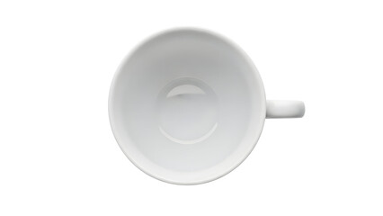 Clean white ceramic coffee cup, viewed from above, showcasing its empty interior and smooth texture on a pure white background, ready for a warm beverage, representing a fresh start or simple elegance