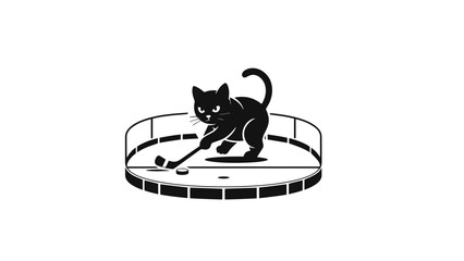 Black cat playing hockey on ice rink with puck