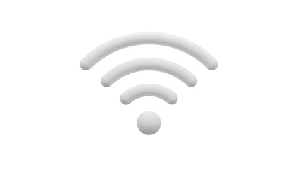 A white 3D rendered Wi-Fi signal icon, isolated on a clean white background, symbolizing wireless connectivity and internet access