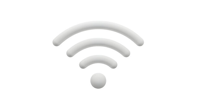 A white 3D rendered Wi-Fi signal icon, isolated on a clean white background, symbolizing wireless connectivity and internet access