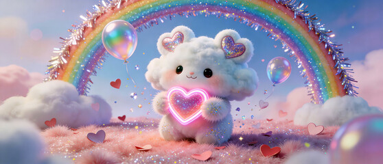 A fluffy white bunny-like creature hugs a glowing pink heart beneath a shimmering rainbow arch, surrounded by floating iridescent balloons, hearts, clouds, and sparkles in a dreamy pastel wonderland