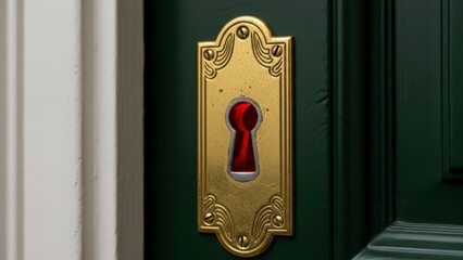 Close-up of a vintage golden keyhole on a dark green door, with a red interior visible, suggesting mystery and security.