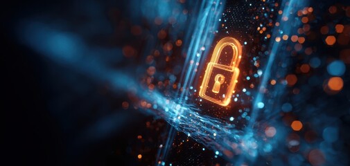 The Padlock of Digital Security Surrounded by Glowing Data Streams and Particles