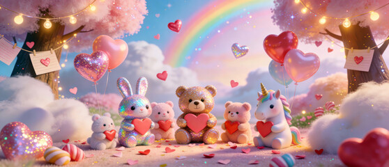 A dreamy scene of plush bunnies, teddy bears, and a unicorn gathered under a lit cherry blossom tree, surrounded by floating hearts, pink balloons, candy, and a rainbow in soft pink clouds