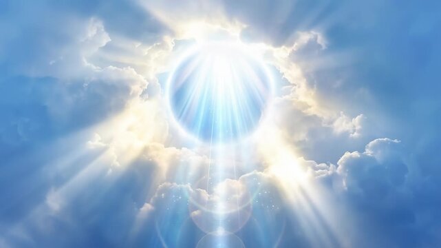An ethereal orb of light radiates through the clouds, casting a heavenly glow across the vast expanse. A celestial spectacle.