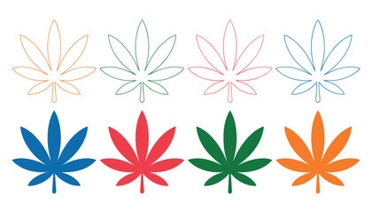 Fototapeta premium Eight stylized leaves in outline and solid fill in orange green red and blue leaf outline solid leaf