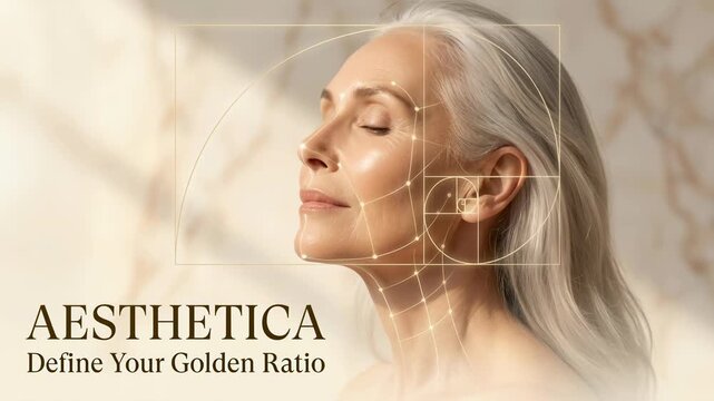 A serene senior woman embodies grace and wisdom, with radiant skin and eyes gently closed, a symbol of inner peace. The aesthetic elements of the golden ratio subtly highlight her features. 
