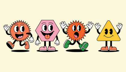 Four anthropomorphic cartoon shapes sun hexagon star triangle with happy expressions and hands raised running on a cream background