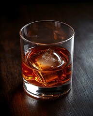 A close-up shot of a glass filled with whiskey and a large ice cube. The drink has a rich amber color, and the ice cube is clear