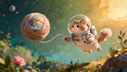 Adorable cat astronaut floating in outer space with yarn planet