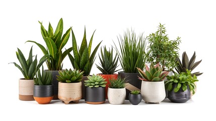 Obraz premium Various potted plants arranged in a row, showcasing different types of greenery and textures