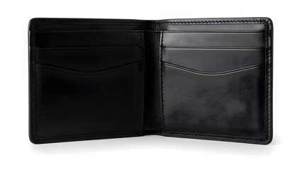 An open black leather wallet showing inside compartments on a white background, perfect for showcasing financial accessories or personal items