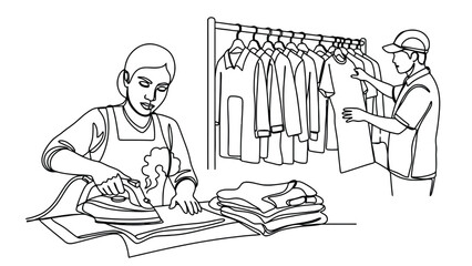 Laundry workers ironing and organizing clothes