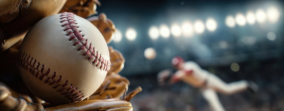 The baseball resting in a glove with a pitcher in action background. - Powered by Adobe