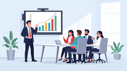 Fototapeta premium Businessman presenting graph to colleagues in meeting.