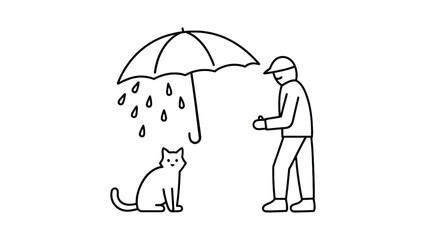 Man shelters cat with umbrella on rainy day