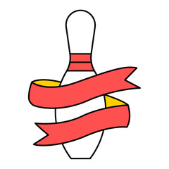 Simple Line Art Bowling Pin with Red Ribbon Banner Illustration