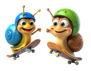 Cheerful 3D Snail Skateboarding with Helmet Variations, isolated on transparent background
