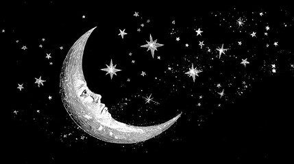 Naklejka premium Minimalist celestial print moon and stars on black background nature graphic
