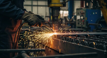 Man operating a plasma cutter with intense sparks flying as it cuts metal sheet. Industrial manufacturing process for metalwork and fabrication.