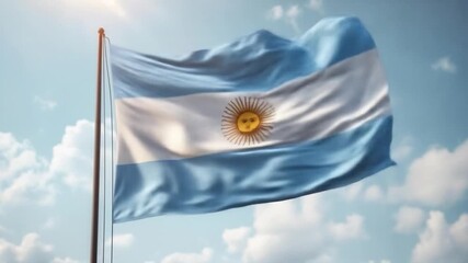 Argentina flag gracefully waves against a backdrop of blue sky and soft clouds, symbolizing - Powered by Adobe