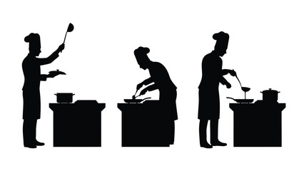 Silhouettes of chefs cooking in a professional kitchen setting